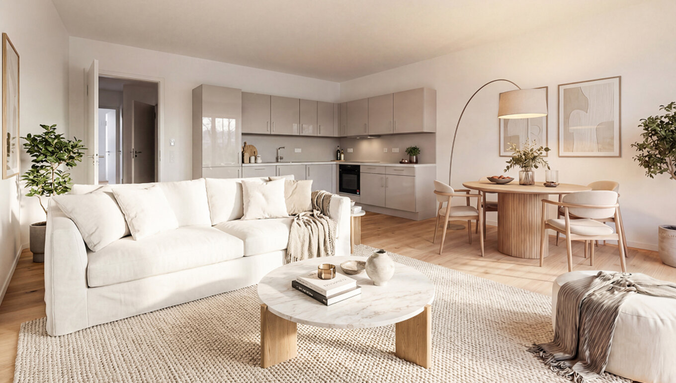 gemütlicher, heller Wohnraum einer 2-Zimmer-Wohnung in THE AMBIENCE