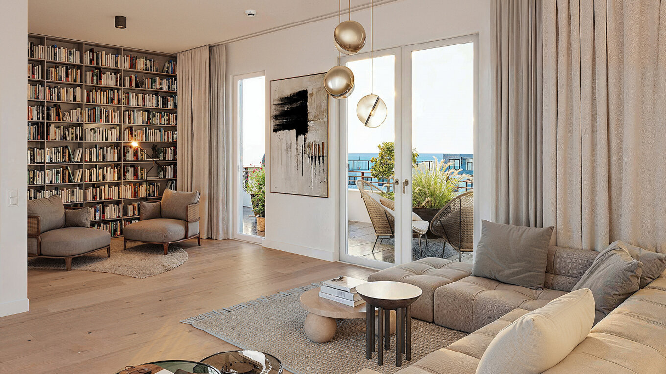 Blick in das großzügige Wohnzimmer einer Penthouse-Wohnung in THE AMBIENCE