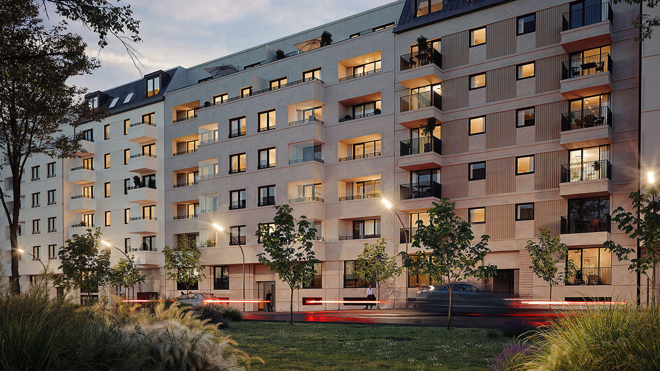 Straßenansicht in Abendstimmung des Gebäudes The Ambience in Berlin Westend