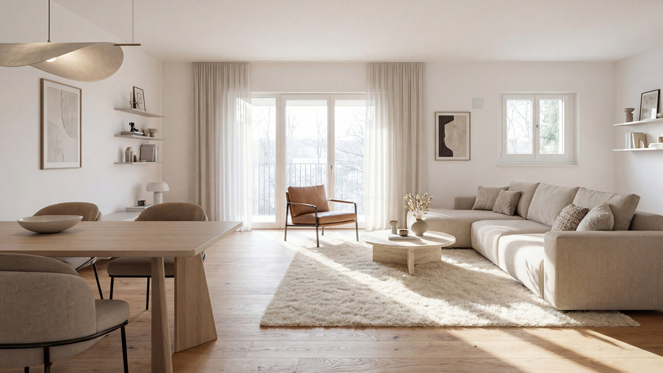 helles, freundliches Wohn-/Esszimmer in einer 3-Zimmer-Wohnung im Neubauprojekt THE AMBIENCE