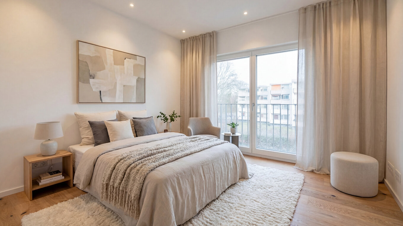 Schlafzimmer in einer modernen 3-Zimmer-Eigentumswohnung im Neubauprojekt THE AMBIENCE