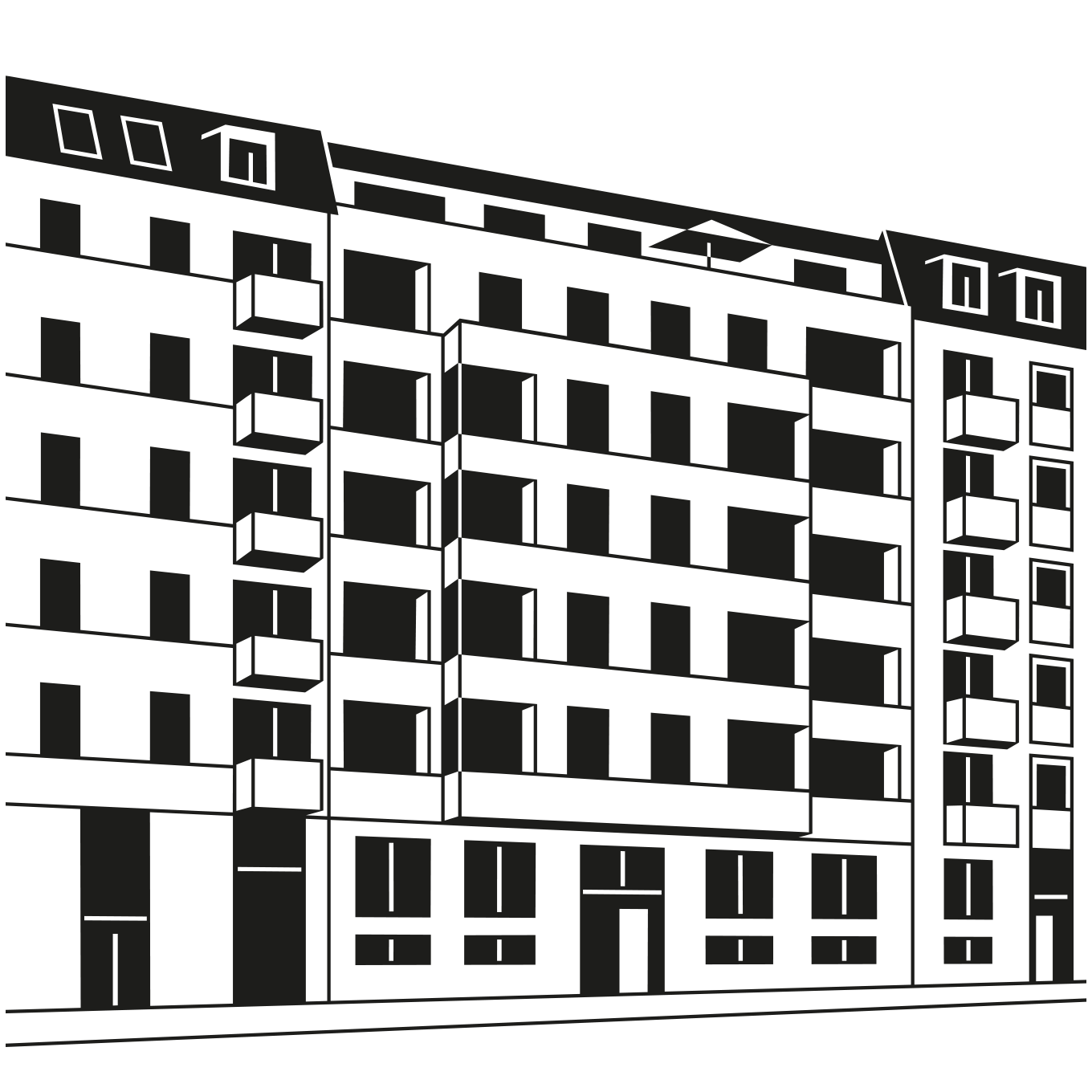 Straßenansicht der drei Gebäude von THE AMBIENCE als Schwarz-Weiß-Illustration