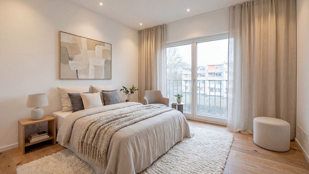 Schlafzimmer in einer modernen 3-Zimmer-Eigentumswohnung im Neubauprojekt THE AMBIENCE