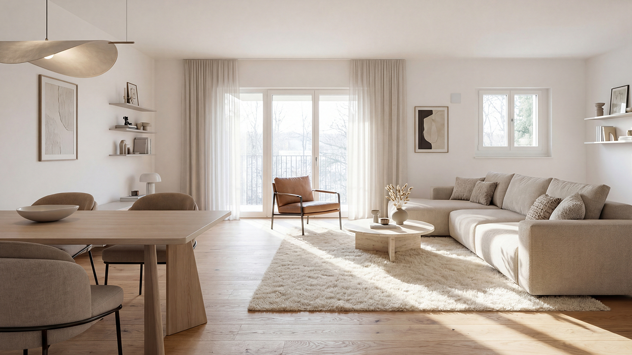 helles, freundliches Wohn-/Esszimmer in einer 3-Zimmer-Wohnung im Neubauprojekt THE AMBIENCE