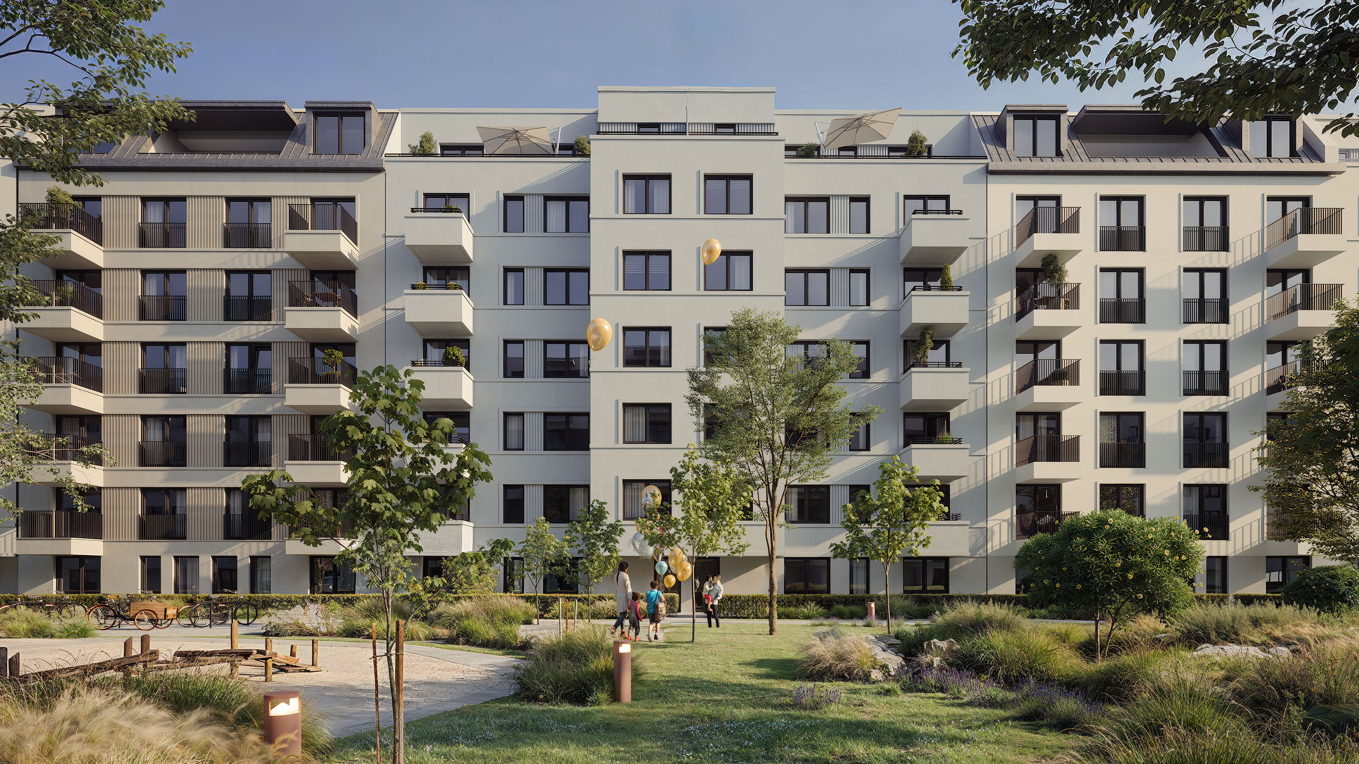 Gartenansicht der drei Häuser von THE AMBIENCE in Berlin Westend