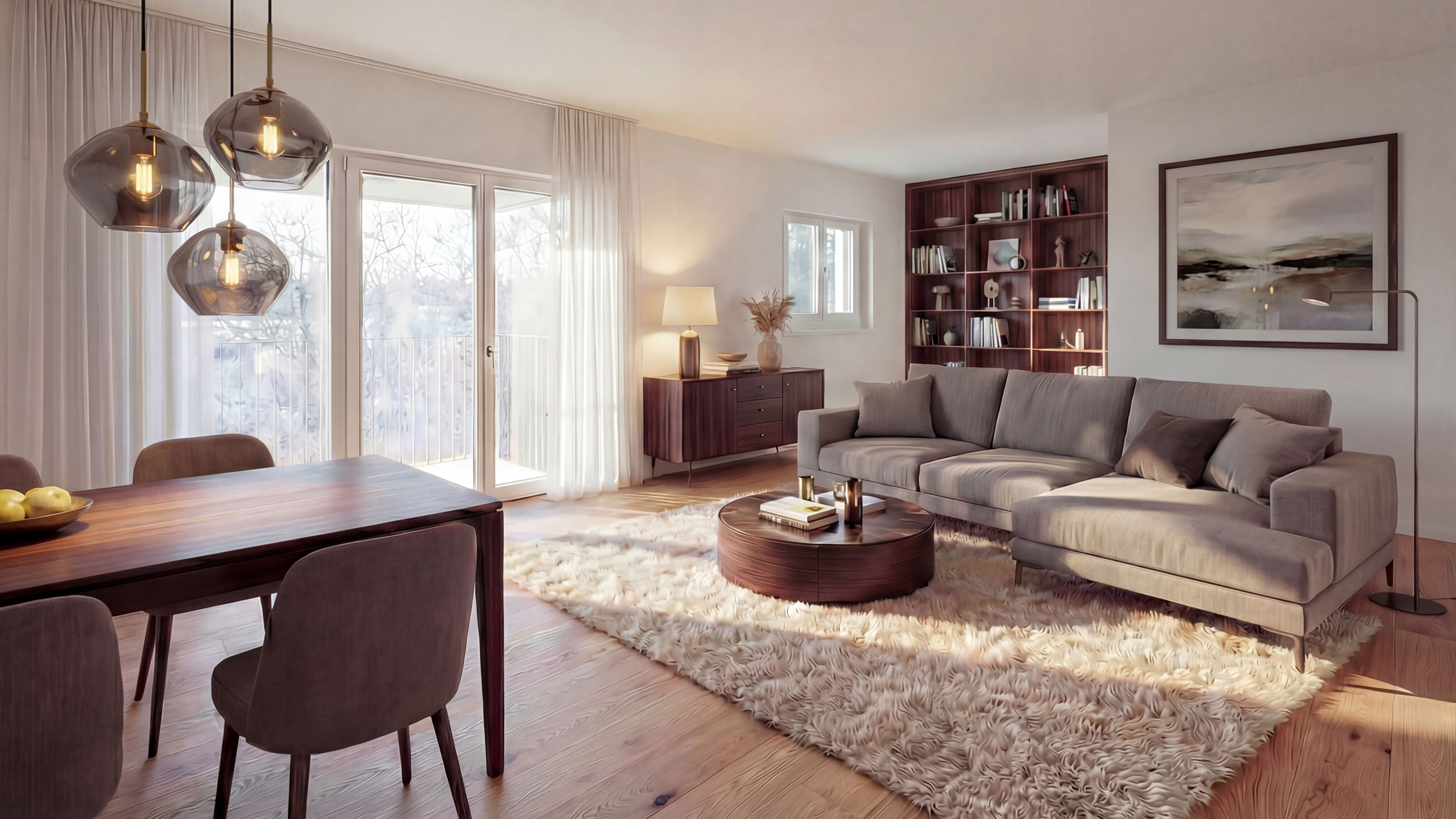 moderner Wohnraum einer Eigentumswohnung im Neubauprojekt THE AMBIENCE in Berlin