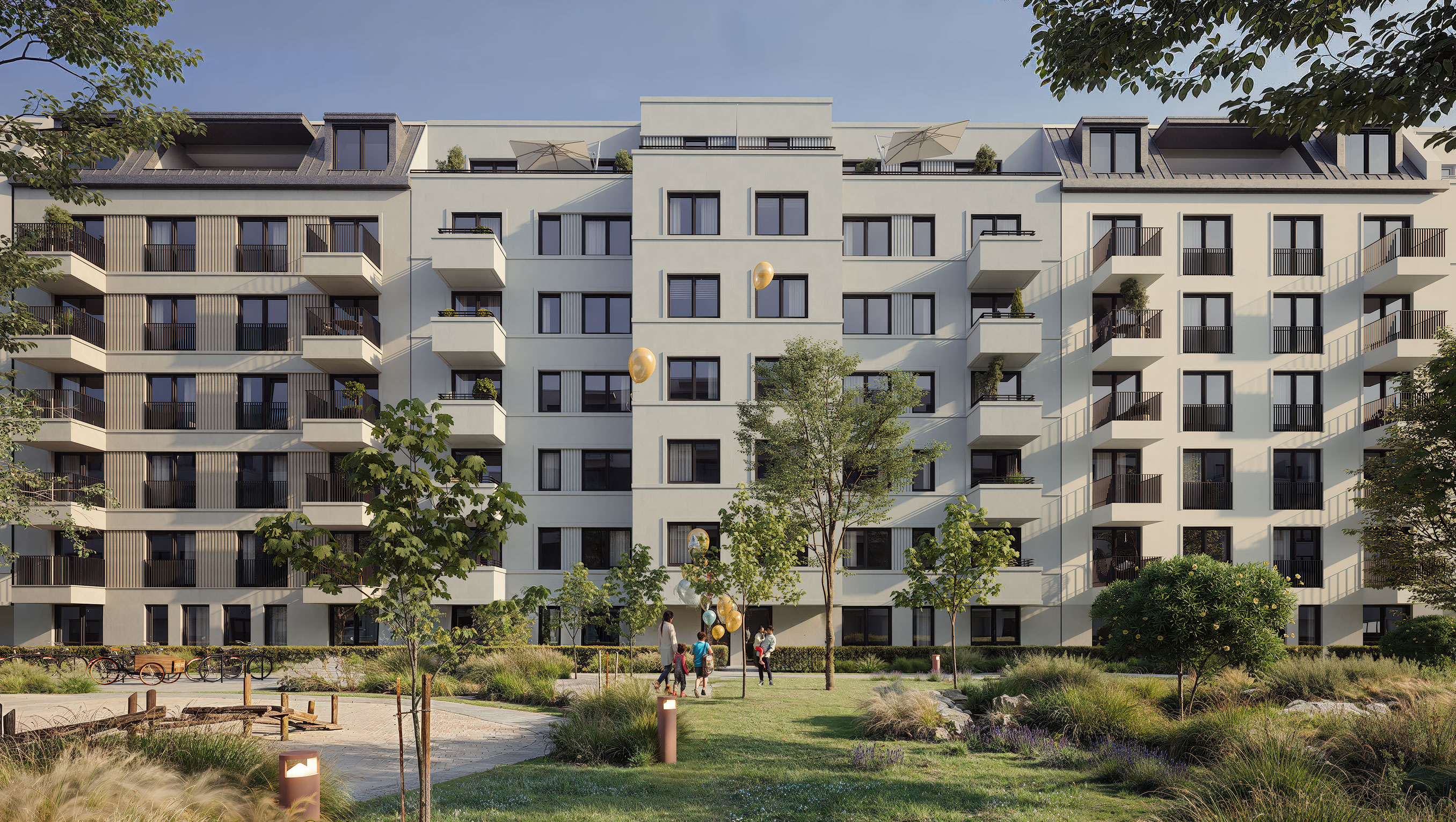 Gartenansicht der drei Häuser von THE AMBIENCE in Berlin Westend