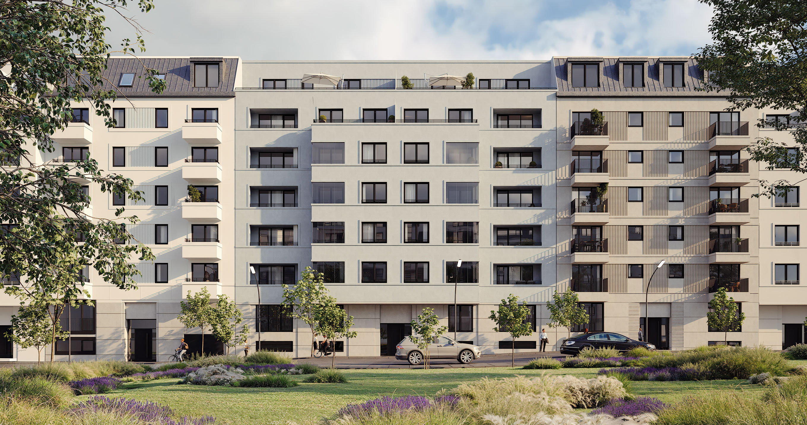 Ansicht von der Reichsstraße auf die drei modernen Gebäude von THE AMBIENCE