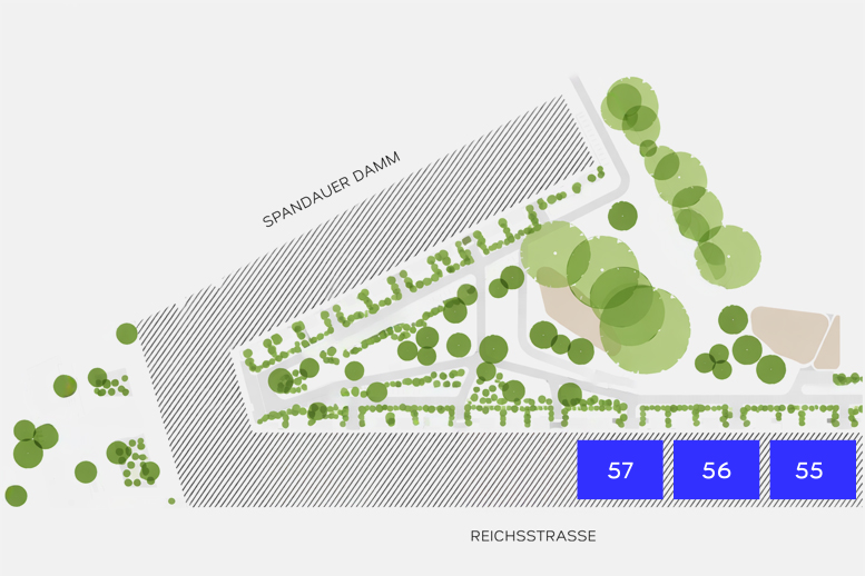 Verortung des Neubauprojektes THE AMBIENCE mit den drei Häusern in der Reichsstraße 55-57 im Lageplan des Quartiers