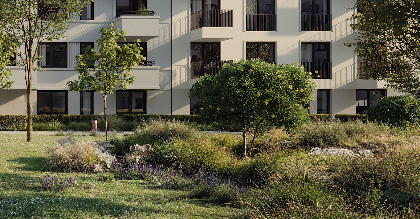 Der grüne, großzügig gestaltete Innenhof von THE AMBIENCE