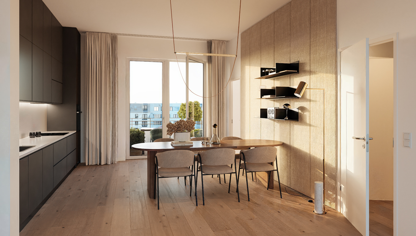 Blick in die großzügige moderne Küche einer Penthousewohnung im Neubauprojekt THE AMBIENCE