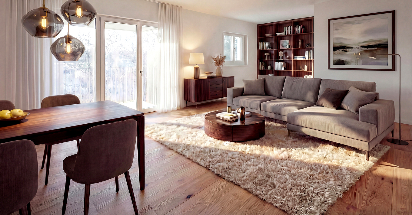 moderner Wohnraum einer Eigentumswohnung im Neubauprojekt THE AMBIENCE in Berlin