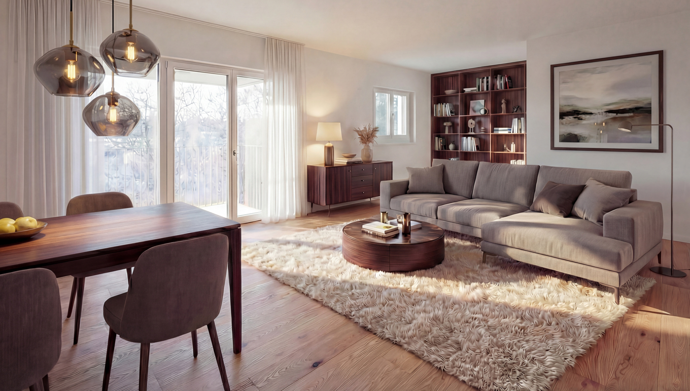 moderner Wohnraum einer Eigentumswohnung im Neubauprojekt THE AMBIENCE in Berlin