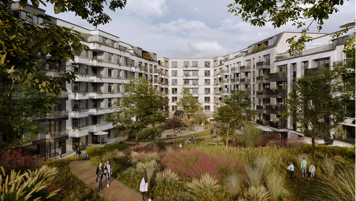 Das zukünftige Areal nach Baufertigstellung mit dem großzügig gestalteten, grünen Innenhof